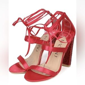 Red satin & glitter strappy lace up high heel shoes prom special occasion size 9